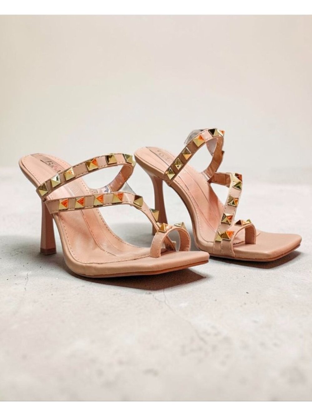 Studded Nude High Heel Sandals With  Straps & Square Toe Design For Women